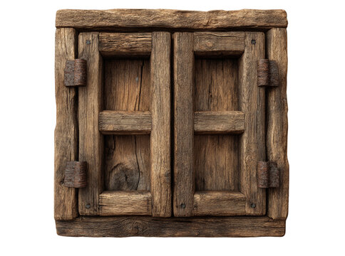 Rustic wooden window frame antique double paneled aged wood. Isolated On Transparent Background