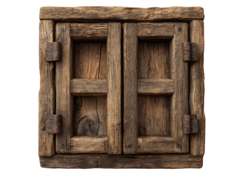 Rustic wooden window frame antique double paneled aged wood. Isolated On Transparent Background
