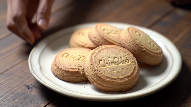 Delightful Close up Display of Delicious Traditional Okinawan Chinsuko Cookies on White Plate over Rustic Wooden Table with Professional Lighting Showcasing Warm Tones Perfect for Bakery Promotion