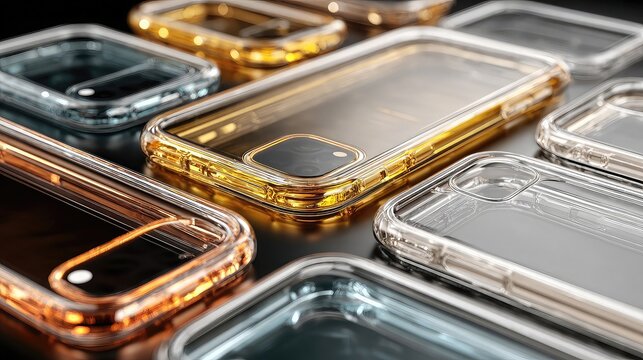 Transparent device covers created for smartphones emphasizing protective clarity, slim profiles, durable plastics, ergonomic design, and modern consumer tech trends.