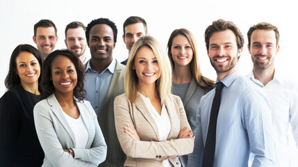 A diverse group of business professionals standing together in a modern office setting.