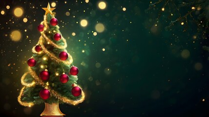 Christmas tree adorned with ornaments and lights on dark background
