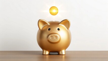 Piggy Bank Background Concept Golden piggy bank with a coin being dropped, symbolizing savings and financial growth.