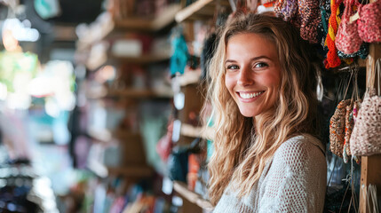 A young woman with long blonde hair smiling in a cozy, colorful shop with hanging knitted items.