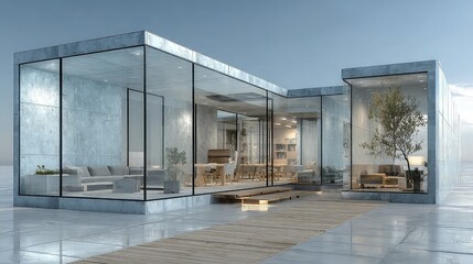 Obraz premium Transparent design ideas tailored for modular homes featuring clear partitions, space maximization, flexible layouts, modern materials, and minimalist architectural concepts.