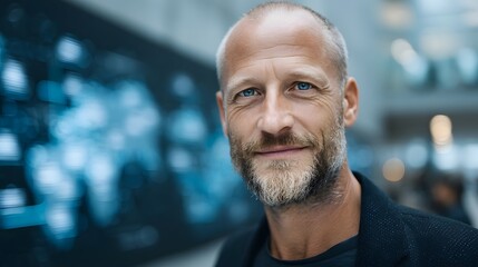 Confident business executive standing in a modern corporate lobby