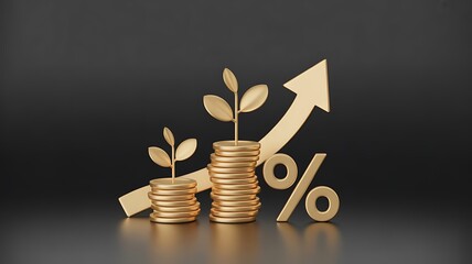 Golden coins with growing plants arrow and percentage symbol money growth