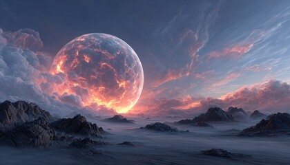 Fiery moon, misty mountains