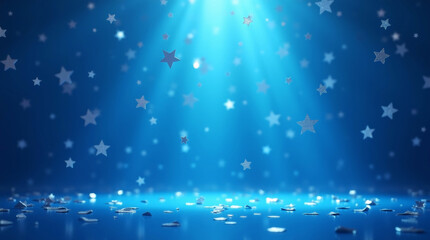 Blue dreamy background with glowing stars, light rays, and scattered sparkling confetti. Abstract magical festive scene