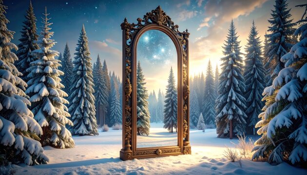 Magical Winter Portal Snowy Forest Landscape and Fantasy Concept.