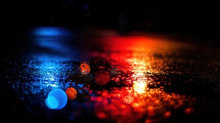 Reflection of emergency vehicle lights on wet pavement after rain,