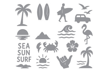 A tropical beach and surf-themed vector set with palm trees, waves, surfboards, a van, flamingos, and ocean elements with quotes, in a bold graphic style. Perfect for t-shirt prints, posters, stickers