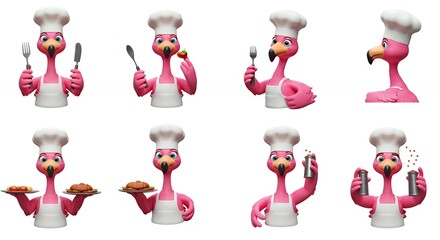Pink flamingo chef cartoon character set