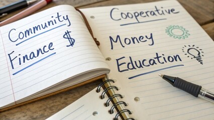Financial Literacy Concept Notes on finance and education in a notebook, highlighting community and cooperative aspects.