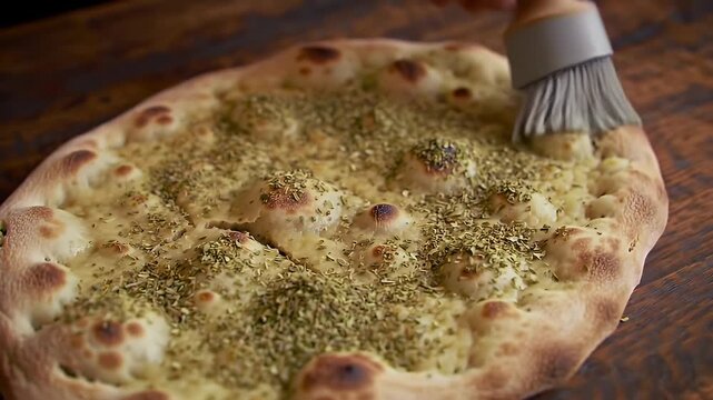 Close Up Pouring Olive Oil on Zaatar Flatbread on Wooden Table with Fresh Herbs and Spices Perfect for Bakery Pastry Promotions Showcasing Middle Eastern and Mediterranean Cuisine Emphasizing