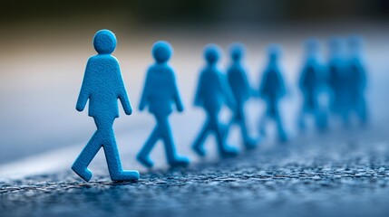 Close-up of blue foam figures walking in a line on textured surface representing teamwork or leadership concepts