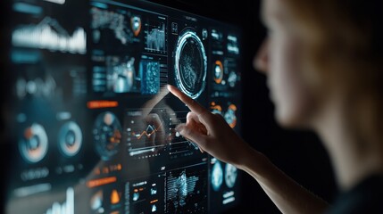 Woman interacting with digital interface, data visualization and analysis