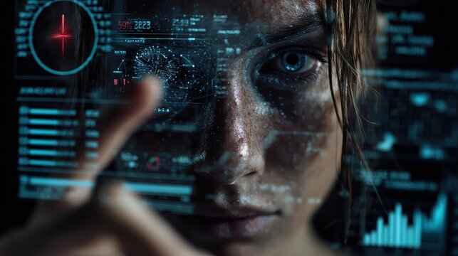 Woman Analyzing Data on Futuristic Interface, Virtual Reality Technology