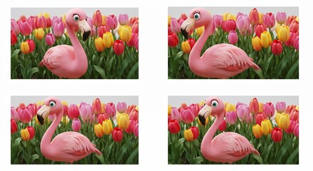 Pink flamingo in colorful tulip garden
