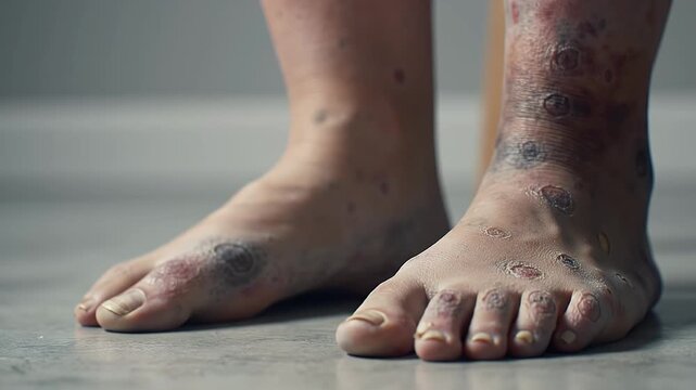 Stark Close Up of Lower Legs Displaying Advanced Skin Disease with Discoloration and Lesions on Fair Skin set Against Soft Grey Background Showing Dermatological Condition For Healthcare
