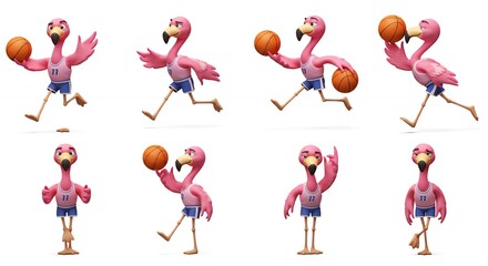 Pink flamingos playing basketball