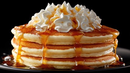 Delicious pancakes with whipped cream and maple syrup breakfast