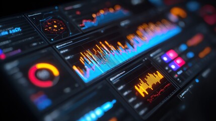 Obraz premium Futuristic Data Visualization with Glowing Charts and Graphs on Dark Display
