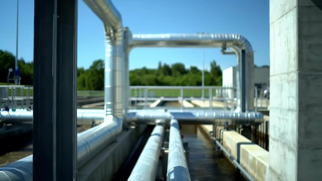 Sun Drenched Water Treatment Facility Featuring Parallel Grey and Silver Pipes Under Clear Blue Sky Captured From Behind Vertical Grey Bars Industrial Engineering Plumbing Waterworks Environmental