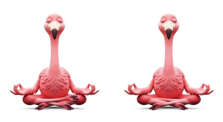 Two pink flamingos meditating in lotus position