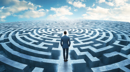 A man in a suit standing in front of a large, circular, blue, maze-like structure with a blue sky and clouds in the background.