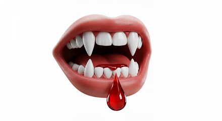Vampire fangs mouth with blood droplet
