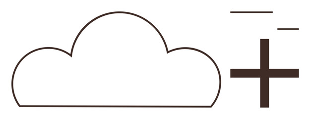 Outlined cloud alongside a bold plus sign. Ideal for cloud computing, collaboration, online storage, data management, integration, innovation, technology growth. Minimalist flat metaphor