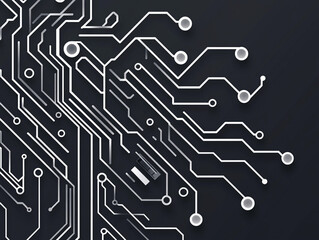 A minimalist graphic illustration of an electronic chip, surrounded by a complex circuit board design.