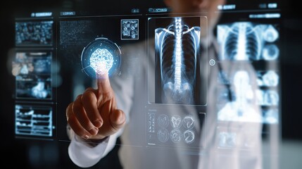 Doctor using futuristic interface with brain scan and x-ray data