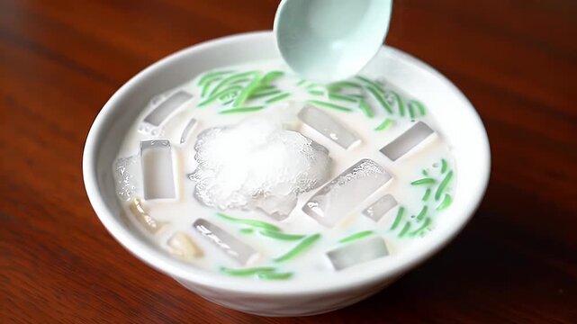 Delicious Cendol with Green Jelly Noodles Coconut Milk and Shaved Ice on Wooden Table A Spoon Stirring Ingredients A Culinary Delight Perfect for Dessert Bakery and Refreshment Promotion