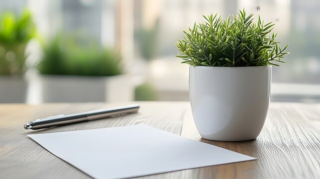 Modern office desk with potted green succulent plant, blank sheet of paper, and smartphone on wooden surface, minimalistic workspace with natural light