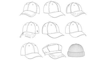 Collection of Baseball Caps and Beanie Hats Line Art Illustration on Transparent Backdrop