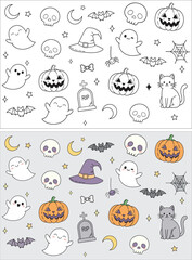 Whimsical halloween doodles featuring cute ghosts pumpkins bats and cats in black and white and color