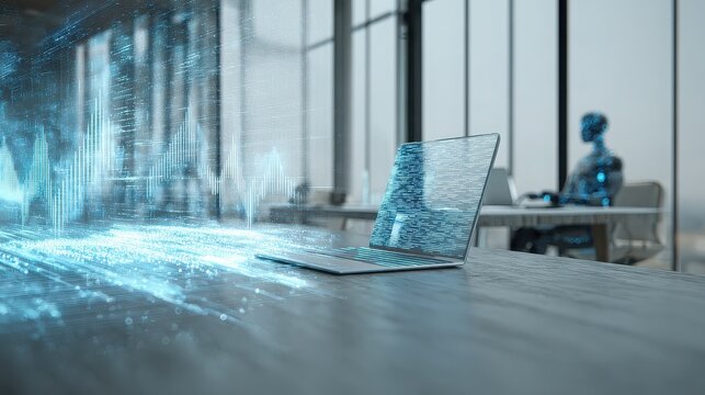 Laptop with digital data stream in office, robot working in background