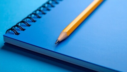 A close-up shot of a blue spiral notebook with a yellow pencil resting on it.
