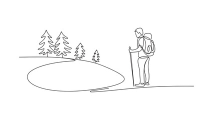 Fototapeta premium Continuous Line Art of Hiker in Nature with Trees and Space for Text or Logo