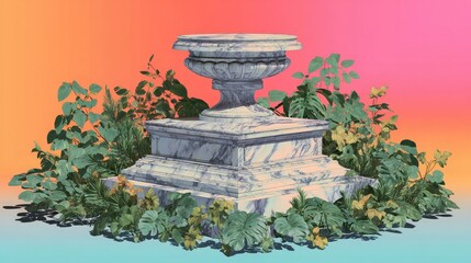 Marble garden urn with plants decorative outdoor landscaping art