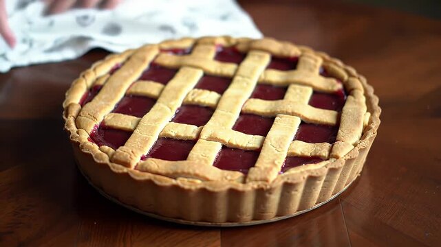 Delicious Linzer Torte with Lattice Crust and Red Berry Filling Displayed on Wooden Table Partially Covered by Decorative Cloth in Eye Level Shot Featuring Traditional Austrian Baking and Festive