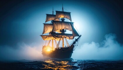 Obraz premium Sailing Ship at Night with Ocean, Clouds, Fantasy, and Stormy Water.