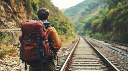 A man with a backpack standing on a train track in a mountainous area.