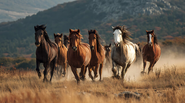 A herd of horses galloping through a dusty field with mountains in the background during sunset