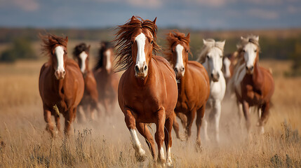 Obraz premium A herd of galloping horses in a golden field during sunset, showcasing freedom and movement