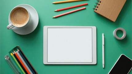 Tablet mockup workspace top view with coffee and office supplies
