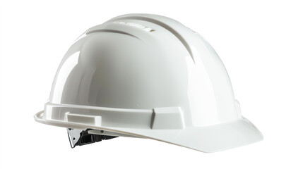 Fototapeta premium A white hard hat with a V-shaped peak and a chin strap, placed against a white background.