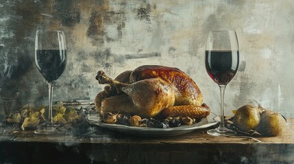 Roasted Turkey Dinner with Wine on Rustic Table